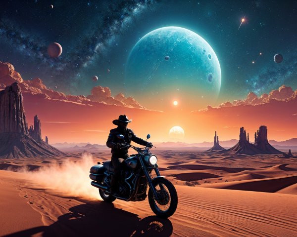 Motorcycle Journey Through a Cosmic Desert Landscape