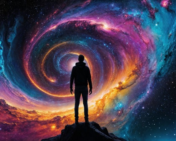 Solitary Figure Overlooking a Cosmic Scene