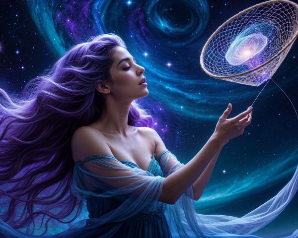 Young Woman with Purple Hair and Cosmic Net in Space