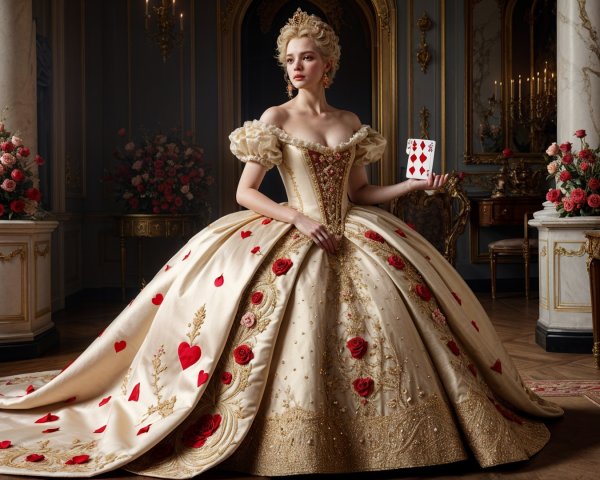 Regal Figure in Golden Gown at Lavish Ballroom