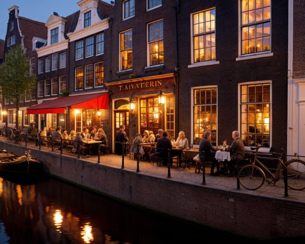 Charming Amsterdam Canal Scene at Dusk with Diners