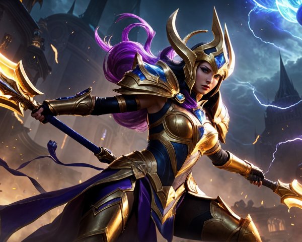 Fierce warrior in golden armor with dual-headed spear
