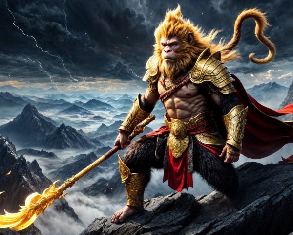 Fierce Monkey Warrior on Cliff with Golden Staff