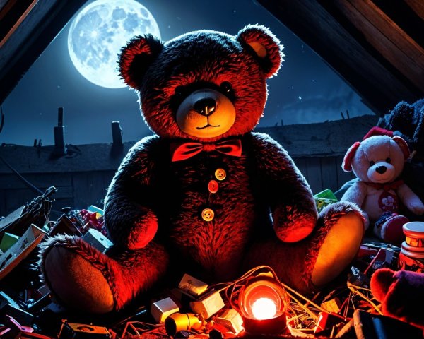 Teddy Bear Surrounded by Toys in Dimly Lit Attic