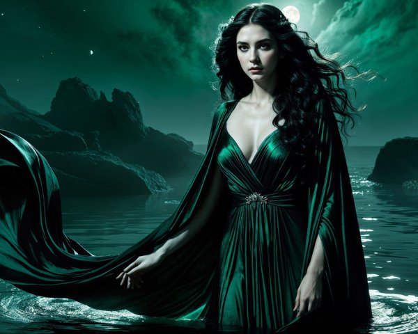 Mystical Scene of Woman in Emerald Gown by Water