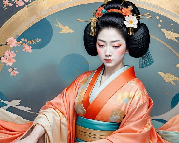 Serene Woman in Colorful Kimono Amid Cherry Blossoms