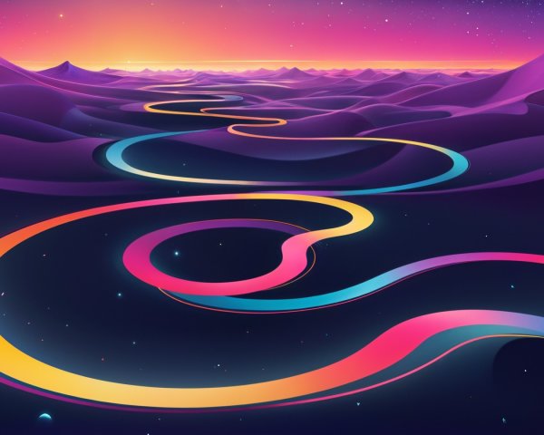 Surreal Landscape with Multicolored Road and Mountains