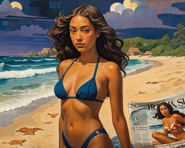 Beach Scene with Woman in Blue Bikini and Waves