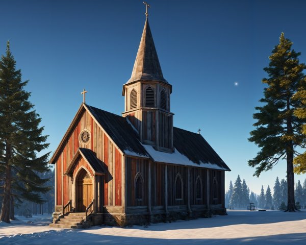 Wooden Church in Winter Landscape with Pine Trees