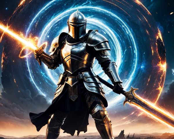 Knight in Armor with Glowing Sword in Fantasy Landscape