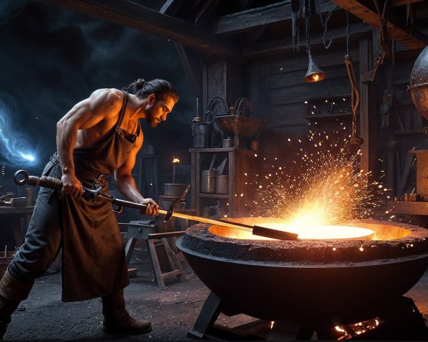Blacksmith Crafting a Glowing Sword in a Forge