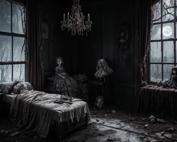 Eerie Bedroom with Dolls and Moonlit Shadows