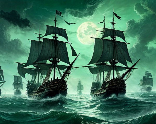 Majestic ships with black sails on tumultuous seas