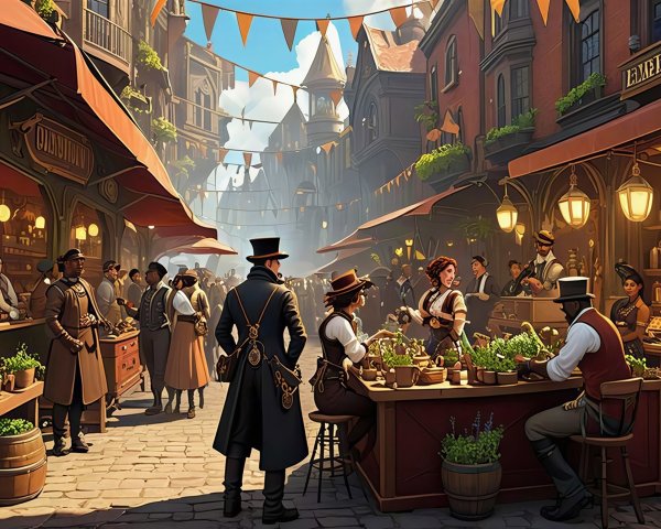 Steampunk Market Scene with Stalls and Costumed People