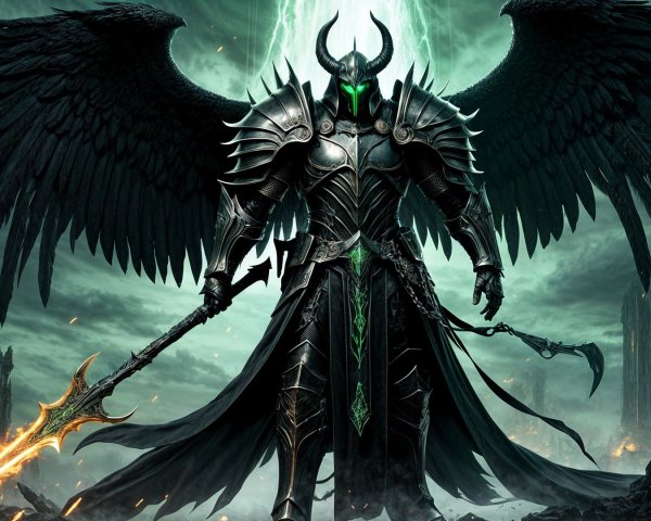 Dark Armored Figure with Wings in Desolate Landscape