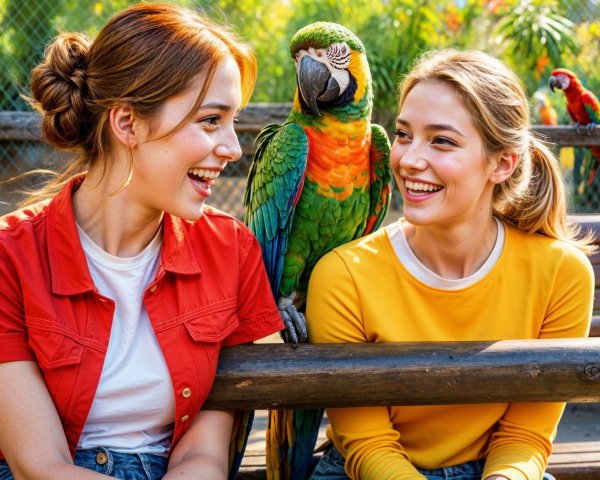 Young women and parrot in a vibrant park setting