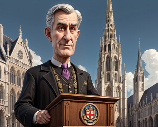 Caricature Figure at Podium in Gothic Architecture