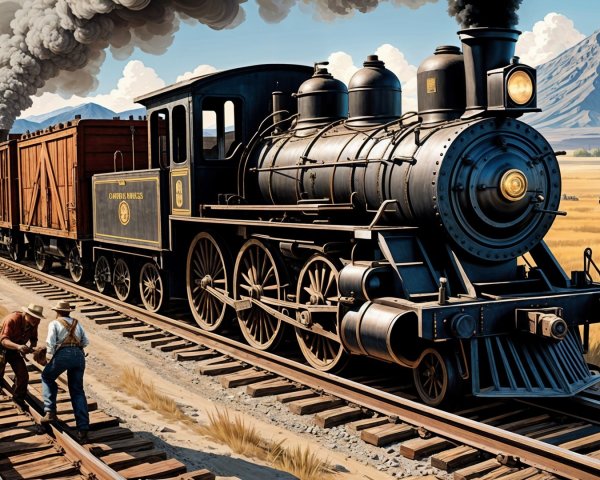 Vintage steam locomotive in a rural landscape scene