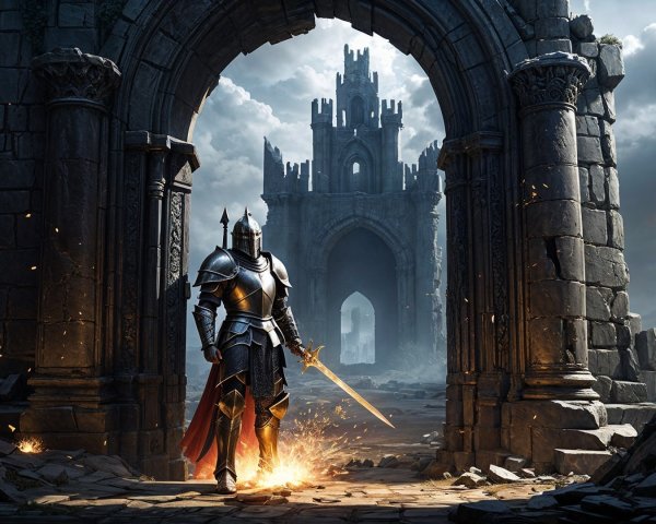 Armored Knight in Dramatic Castle Archway Scene