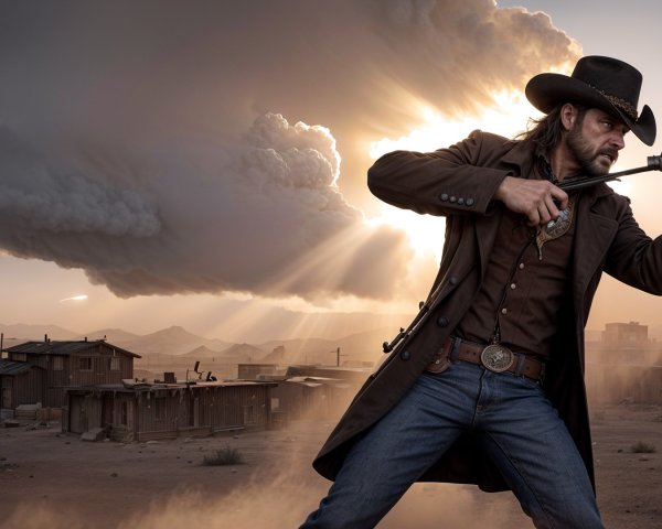 Rugged Gunslinger in Dusty Landscape at Sunset