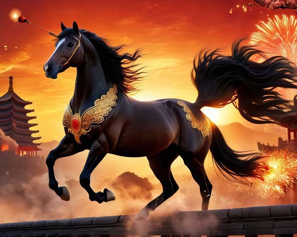 Majestic black unicorn with jeweled armor and pagoda