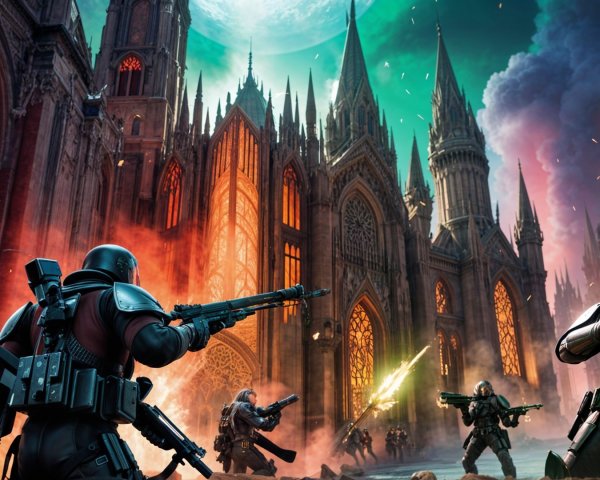 Fierce Combat Scene in a Gothic Cathedral Setting