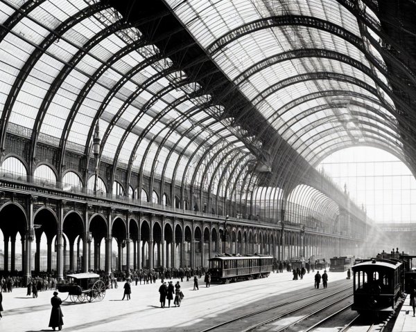 Historic railway station interior with arched glass roof