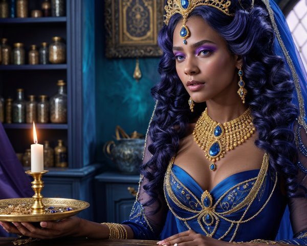 Regal Woman in Blue Gown with Decorative Tray
