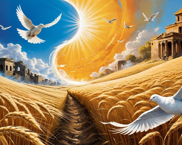 Serene Landscape with Wheat Fields and Ruins