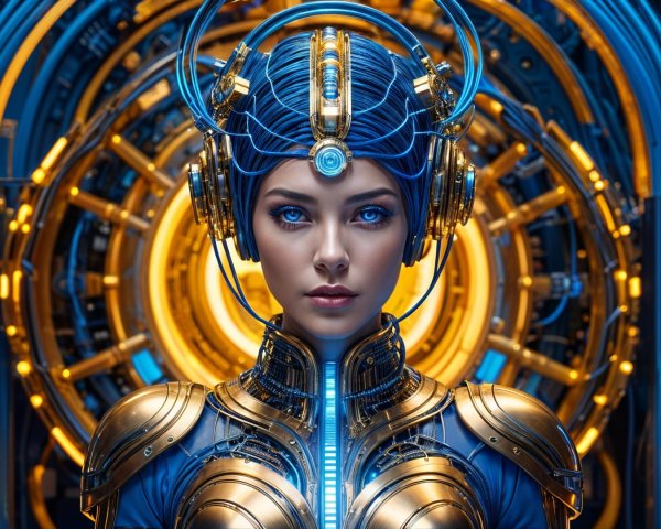 Futuristic Female Figure in Metallic Armor and Technology