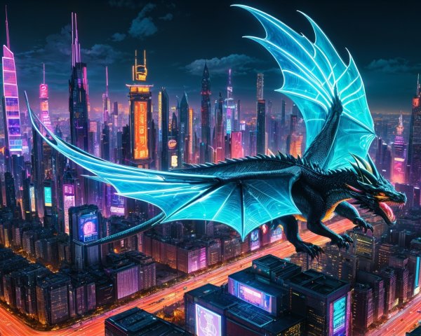 Futuristic cityscape with neon lights and a dragon