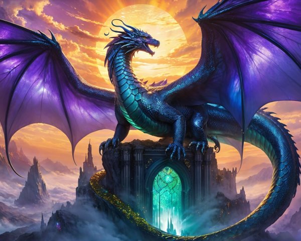 Majestic dragon on mystical rock formation at sunset