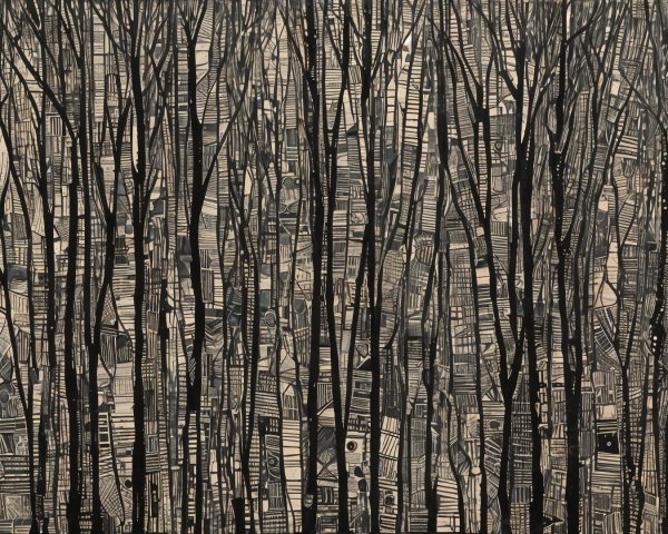 Dense Forest Scene in Black and White Patterns