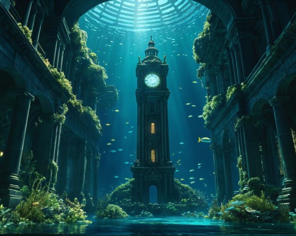 Submerged Ancient Clock Tower in Mystical Aquatic Setting
