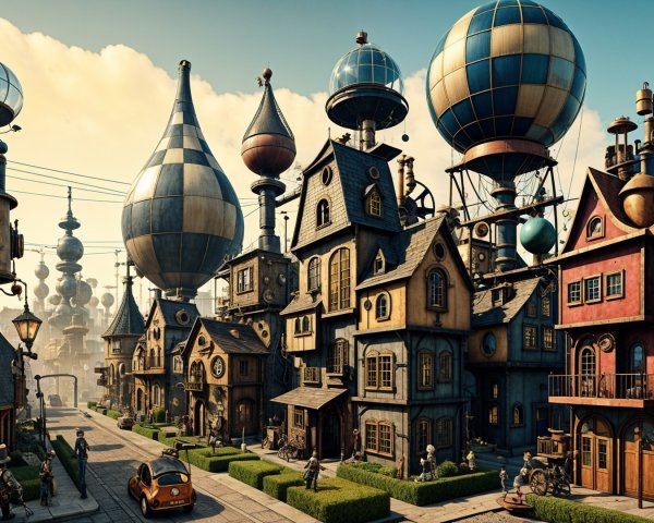 Whimsical Steampunk Village with Unique Architecture