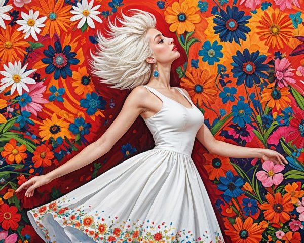 Woman with Platinum Blonde Hair Among Colorful Flowers