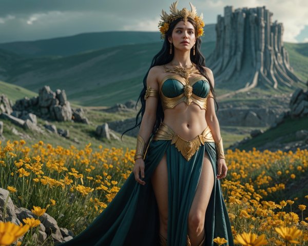 Majestic figure in ornate attire amid golden flowers