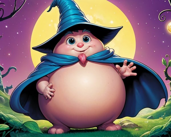 Cheerful character in whimsical landscape with moon