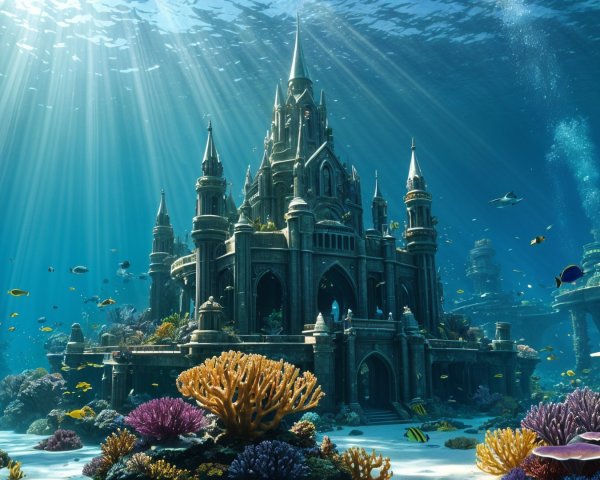 Underwater Scene with Castle and Vibrant Marine Life