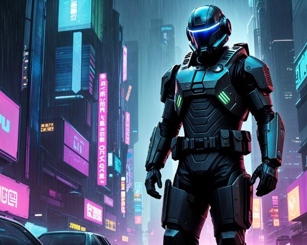 Futuristic Cyberpunk Scene with Armored Figure in City