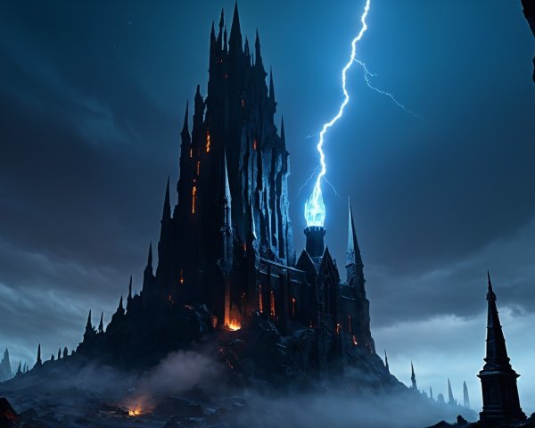 Dark Castle Under Stormy Sky with Lightning and Fog