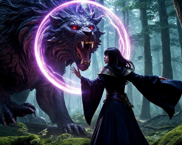 Sorceress and Glowing-Eyed Wolf in Enchanted Forest