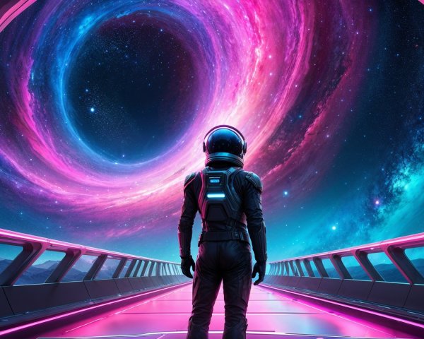 Astronaut on Bridge Overlooking Cosmic Vortex Scene