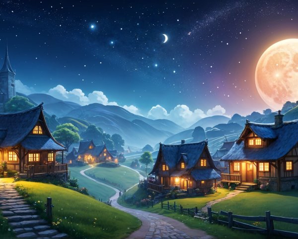 Moonlit Village Scene with Quaint Houses and Hills