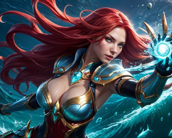 Female warrior with red hair and glowing energy orb