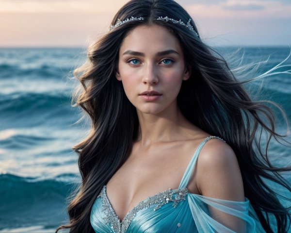 Young woman in flowing gown by tranquil shore at sunset