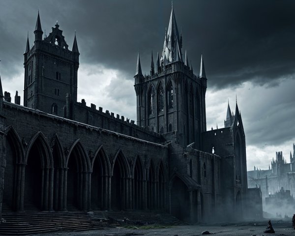 Gothic Castle Under Stormy Sky with Eerie Atmosphere