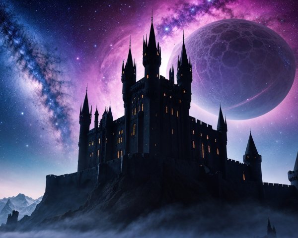 Majestic castle on a hill under a starry night sky