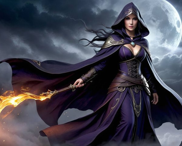 Enchantress in Purple Cloak with Fiery Staff and Moon