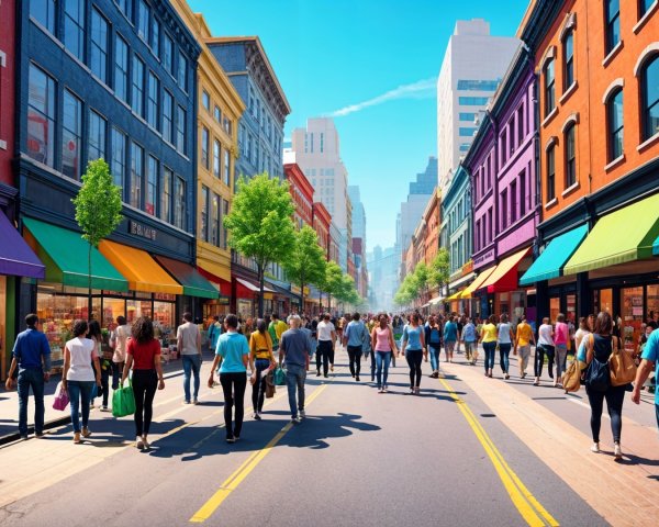 Vibrant Urban Street Scene with Colorful Storefronts
